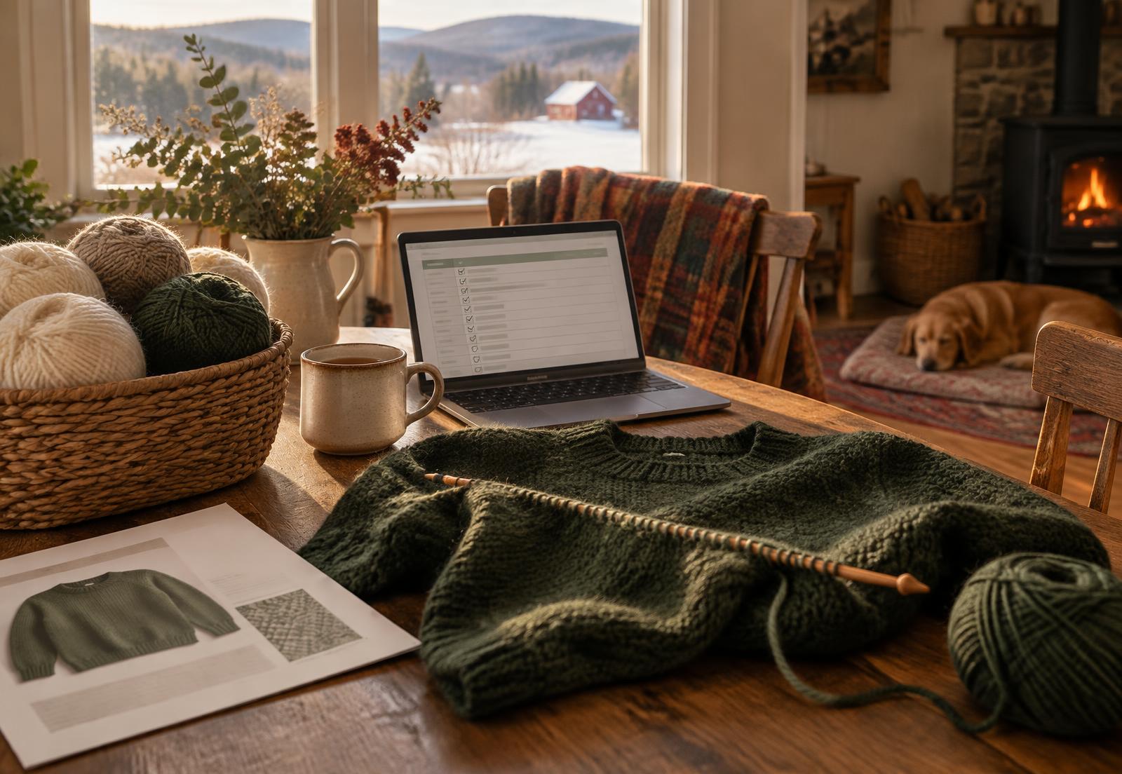 A half-knitted forest green sweater beside a basket of wool, a printed pattern and a laptop showing a checklist